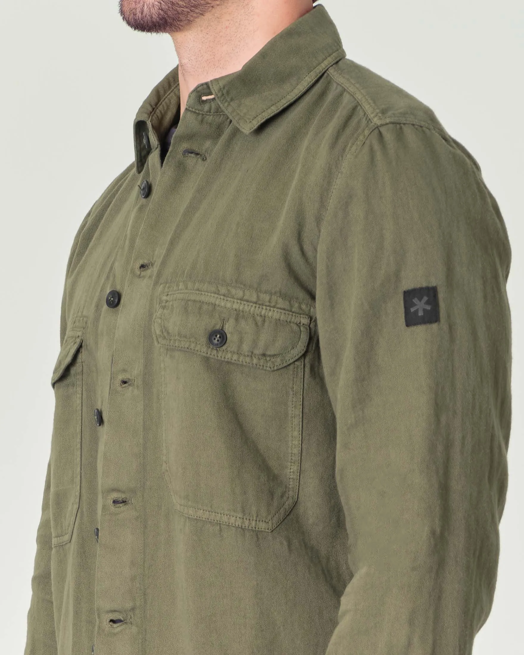 Overshirt verde militare in misto lino e cotone