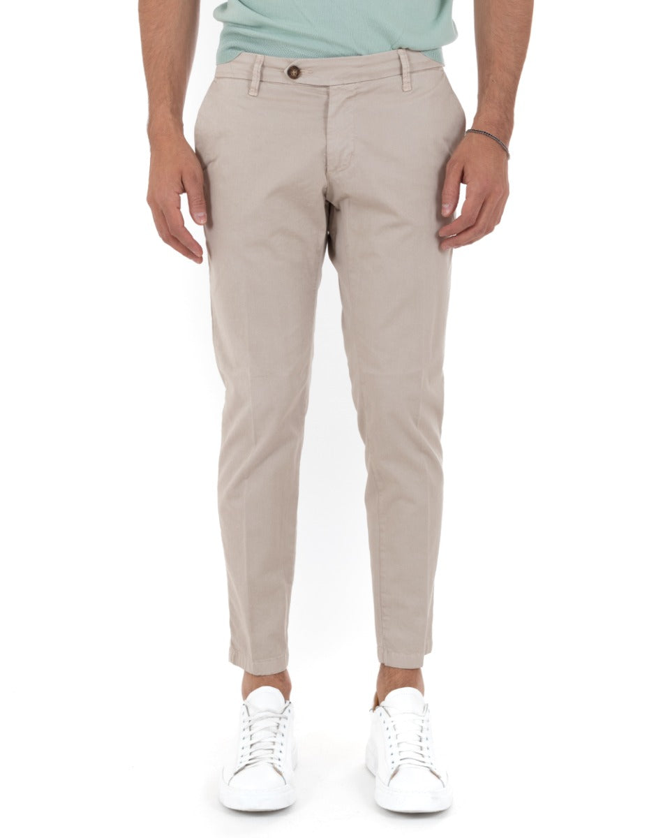 Pantaloni Uomo Cotone Tasca America Abbottonatura Allungata Capri Sartoriale Beige GIOSAL-P5689A