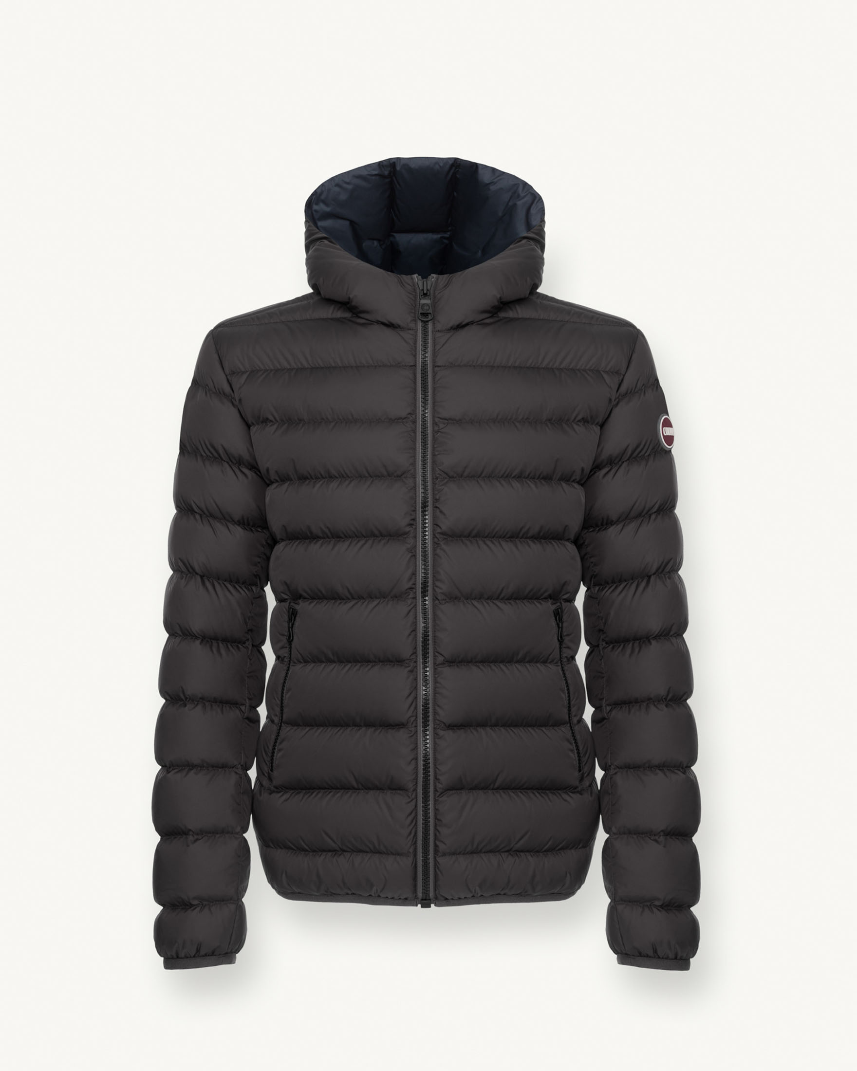 Piumino antracite con cappuccio in nylon semilucido con fodera blu navy