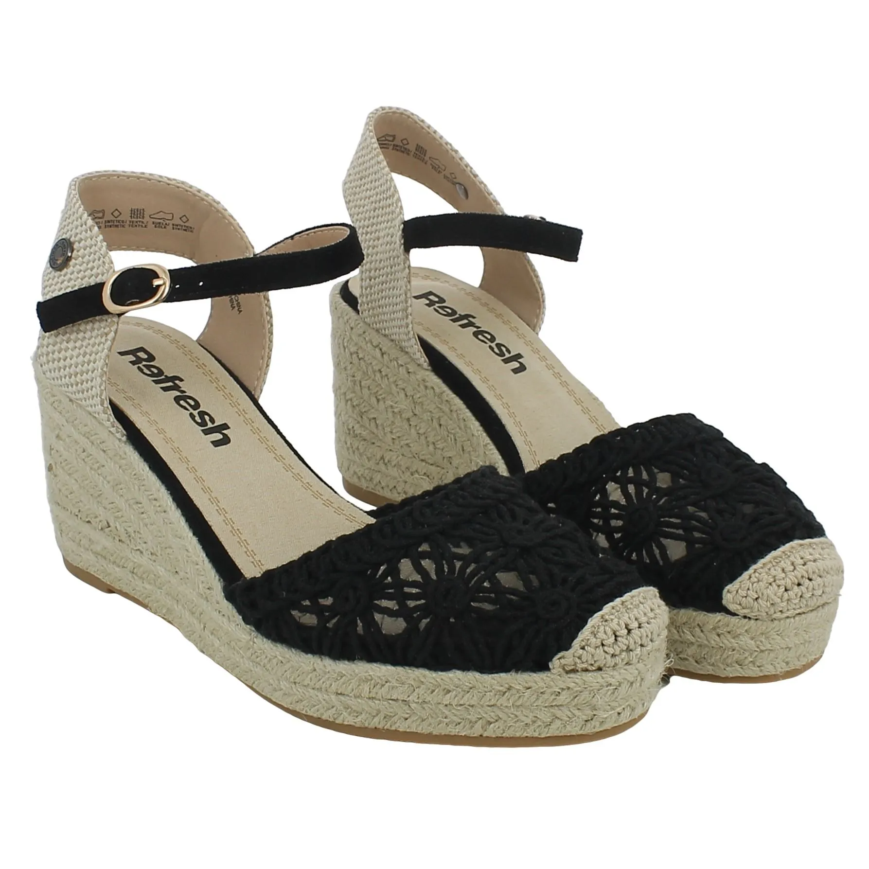 Refresh  Espadrillas nera con fiori e zeppa in corda 