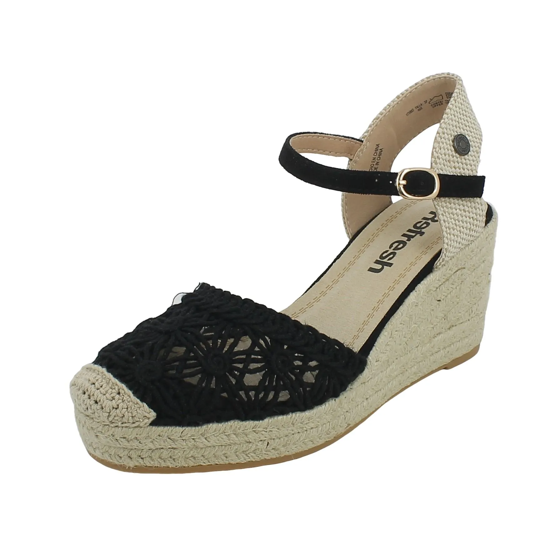 Refresh  Espadrillas nera con fiori e zeppa in corda 